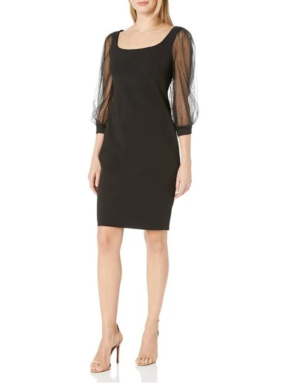 Calvin Klein Black Sheer Puff Sleeve Midi Dress